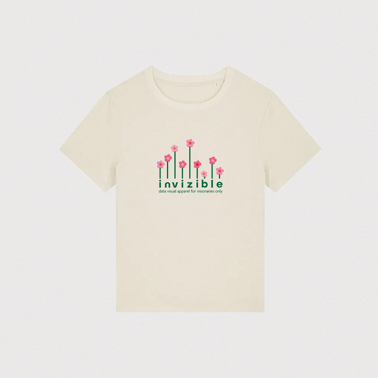 T-shirt pour femme de couleur beige avec un motif fleuri au centre. Ce modèle présente un imprimé floral qui représente une data visualisation autour du mot invizible

