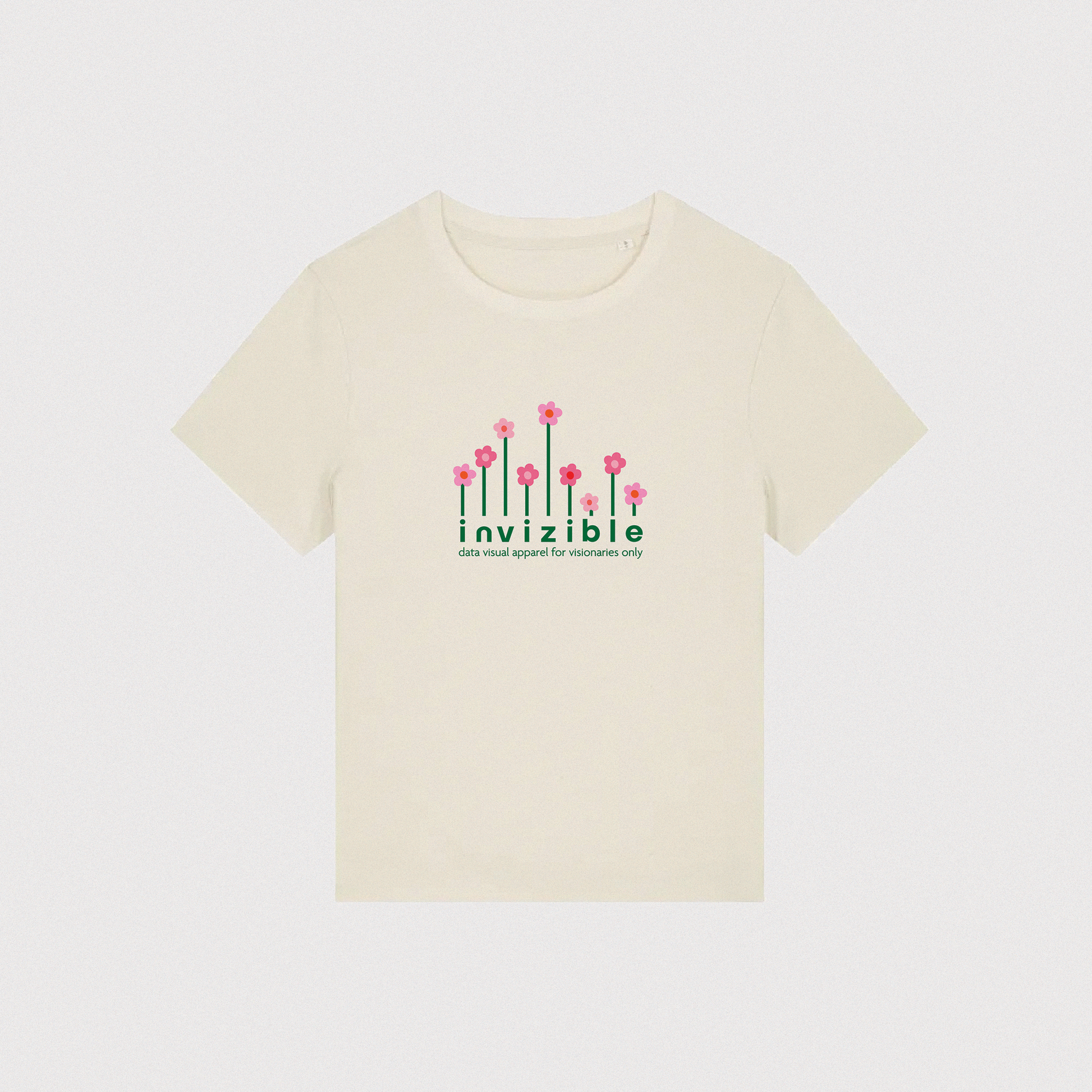 T-shirt pour femme de couleur beige avec un motif fleuri au centre. Ce modèle présente un imprimé floral qui représente une data visualisation autour du mot invizible
